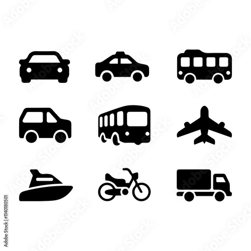 A collection of black silhouette icons representing various modes of transportation, including cars, buses, and a unique vehicle