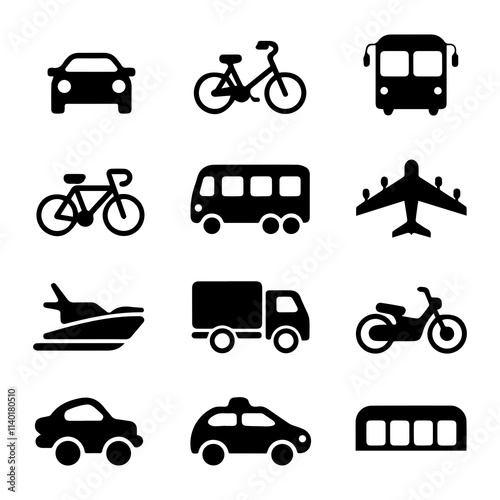 A collection of black silhouette icons representing various modes of transportation, including cars, buses, and a unique vehicle