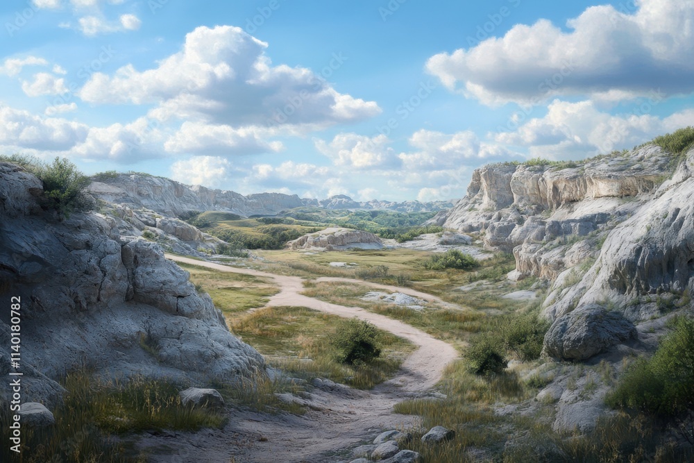 Fototapeta premium Scenic landscape featuring rocky terrain and a winding path under a blue sky