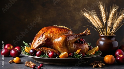 Thanksgiving bounty featuring a beautifully roasted turkey adorned with seasonal fruits and greenery in an elegant still life arrangement photo