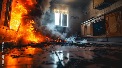 Une cuisine en feu avec de la fumée épaisse et des flammes vives.