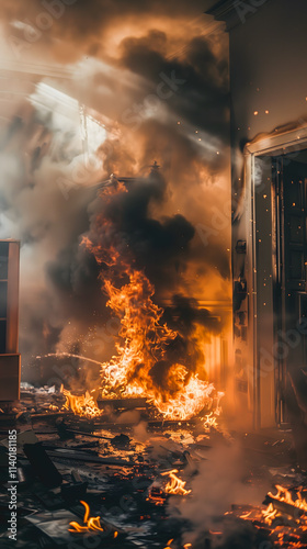 Un incendie violent dans une pièce avec des flammes et des débris calcinés.