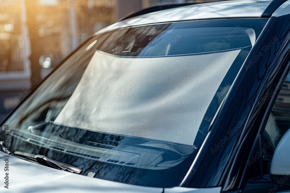 Obraz premium Placing a sun visor or reflector on the car windshield prevents the sun from damaging the car when it's parked.