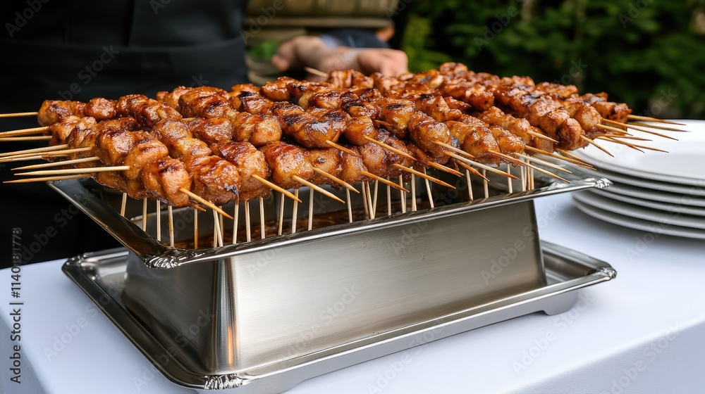 Close-up of grilled chicken shish kebab on a white platter, showcasing traditional Middle Eastern cuisine often enjoyed at weddings Close-up of grilled chicken shish kebab on a white platter, showcasing traditional Middle Eastern cuisine often enjoyed at weddings