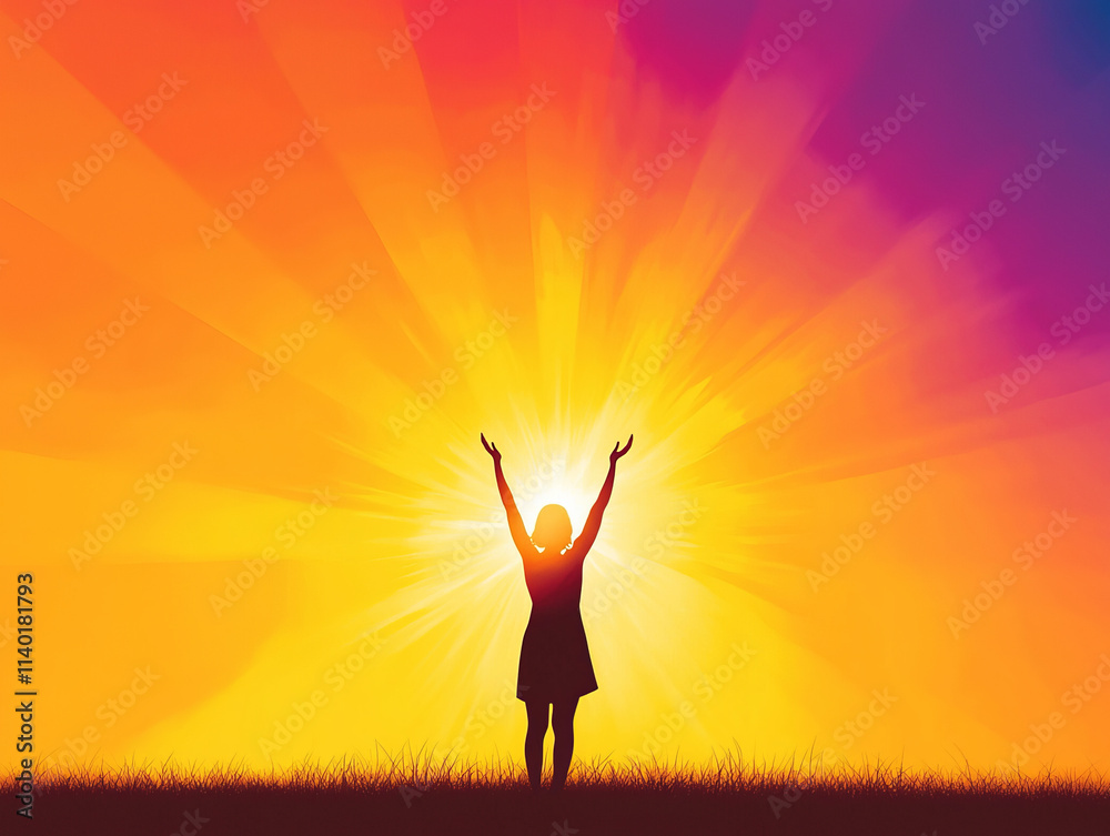 silhouette of person lifting their arms towards vibrant sunburst in colorful sky silhouette of person lifting their arms towards vibrant sunburst in colorful sky