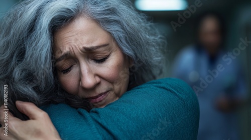 A woman with gray hair cries as she embraces another person. A blurry figure stands in the background. photo