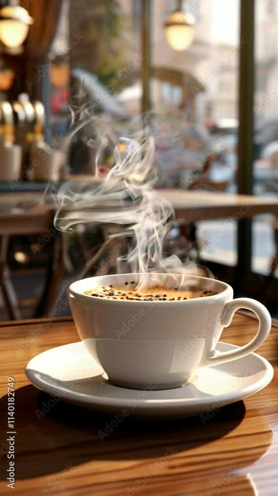 A steaming cup of coffee sits on a wooden table in a cozy caf? setting.