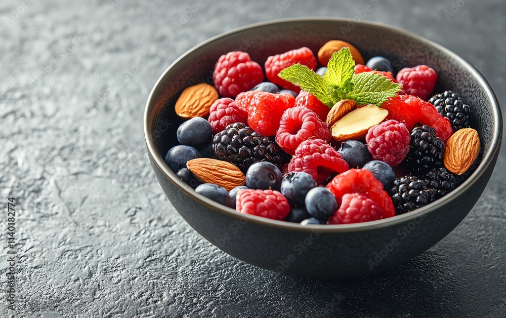 A delicious and healthy bowl of mixed berries and almonds, set on a dark textured surface, bright and fresh colors, ultradetailed, 8K resolution