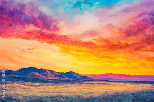 A Vibrant Sunset Over a Vast Desert Landscape with Rich Orange and Red Hues. photo
