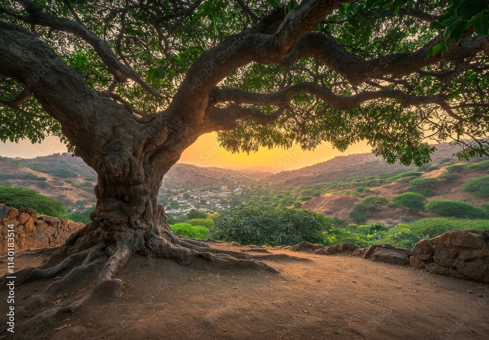 A charming perspective from below a tree branch on a mountain incline, revealing a valley with magnificent clouds and a sunrise or sunset radiance. A charming perspective from below a tree branch on a mountain incline, revealing a valley with magnificent clouds and a sunrise or sunset radiance.