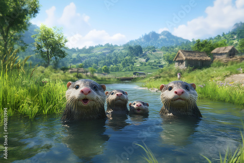 Adorable otter family in a tranquil river, idyllic village background. Perfect for nature, wildlife, family, and heartwarming themes. photo