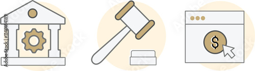 Legal, Financial and Innovation Icons Set. Bank, Gavel, and Online Payment System Symbols. Framework icon