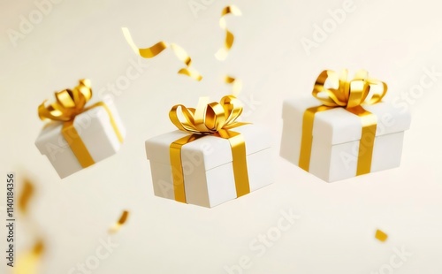 Three floating white gifts with gold ribbons and confetti. photo