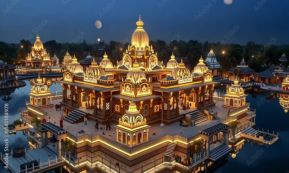 Ram Mandir in Ayodhya. Decorated with lamps and lights for Diwali celebration, Animation Motion Graphic Video 