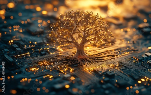 A glowing tree of technology with intricate branches, embedded on a metallic circuit board, highlighting progress and innovation, scifi vibe