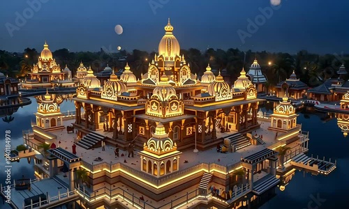 Ram Mandir in Ayodhya. Decorated with lamps and lights for Diwali celebration, Animation Motion Graphic Video 