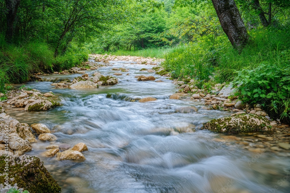 Serene flowing stream in lush green forest, rocks and plants visible. Serene flowing stream in lush green forest, rocks and plants visible.