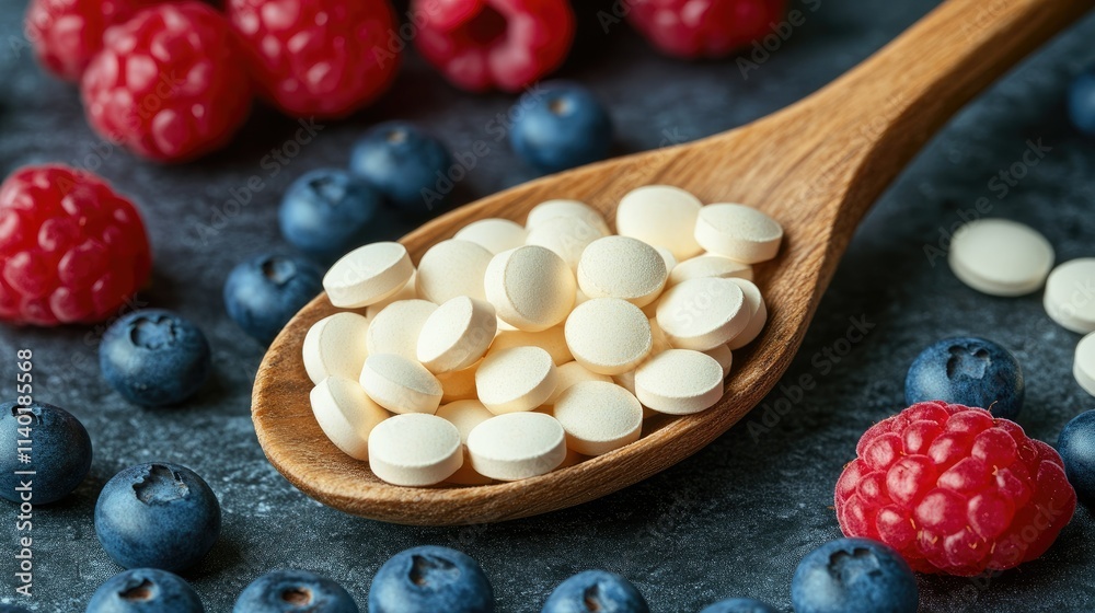 Wooden spoon with white pills and fresh raspberries and blueberries. Wooden spoon with white pills and fresh raspberries and blueberries.