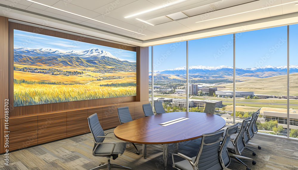 Fototapeta premium Modern conference room with stunning mountain view artwork and large windows showcasing a panoramic landscape. Ideal for business, corporate, and real estate marketing.