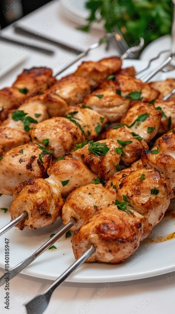Close-up of grilled chicken shish kebab on a white platter, showcasing traditional Middle Eastern cuisine often enjoyed at weddings Close-up of grilled chicken shish kebab on a white platter, showcasing traditional Middle Eastern cuisine often enjoyed at weddings