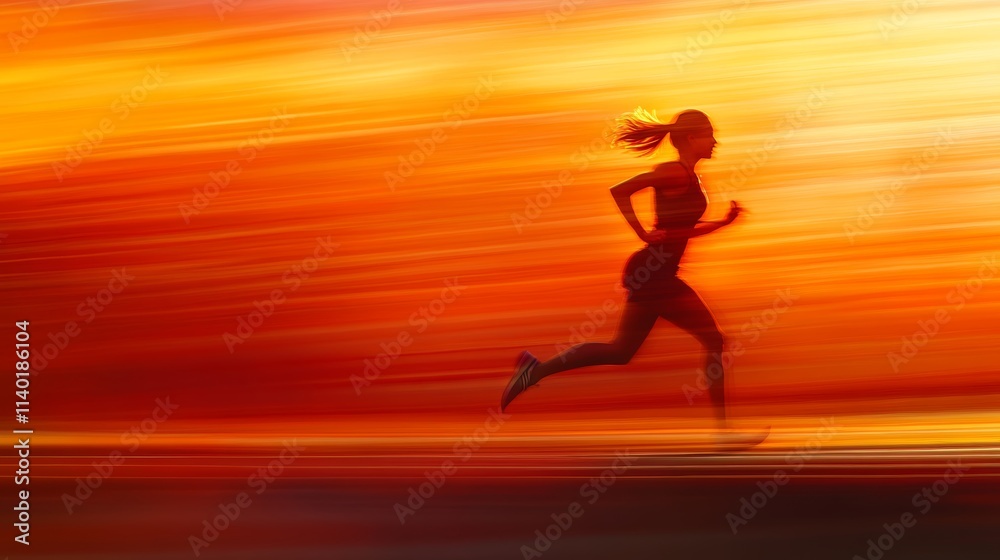 An athletic woman running on a track at sunrise, dynamic motion blur An athletic woman running on a track at sunrise, dynamic motion blur