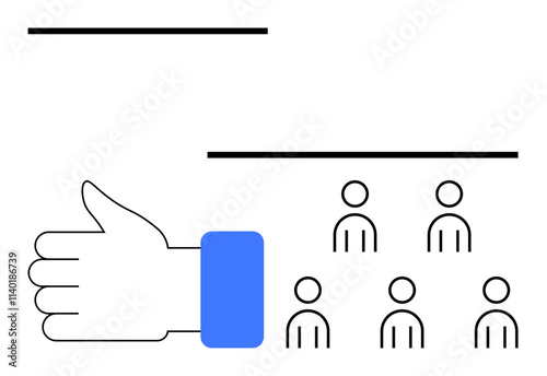 Large hand with a thumbs-up gesture blue cuff, six simple human icons. Ideal for feedback, approval, social media, community building, teamwork, leadership, popularity. Line metaphor
