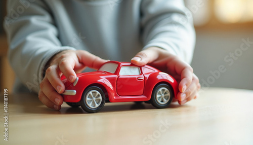 Child's hands playing with a red toy car on a wooden table photo