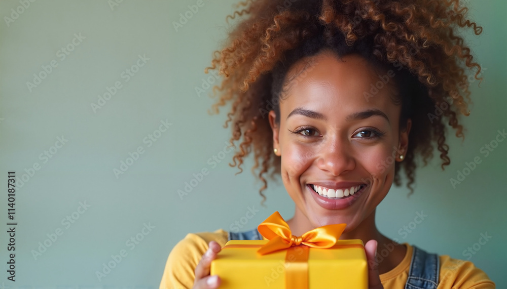 Smiling woman holding a yellow gift box with a bow and looking at the camera Smiling woman holding a yellow gift box with a bow and looking at the camera
