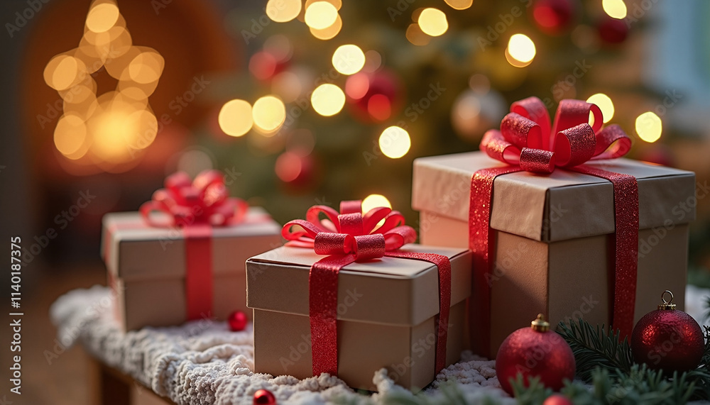 Beautifully wrapped Christmas gift boxes with red ribbons in a festive setting Beautifully wrapped Christmas gift boxes with red ribbons in a festive setting