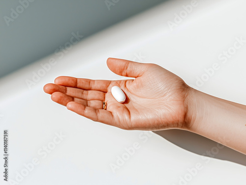 Close-up of a female hand holding a single white pill with a neutral background, medical concept
 photo