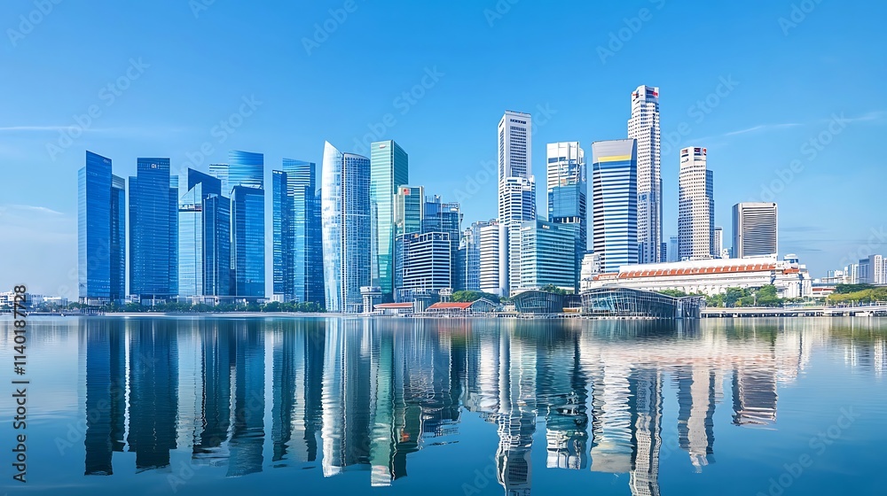 Modern urban cityscape including business office buildings and skyscrapers with reflective glass, exhibiting modern architecture and a corporate environment Modern urban cityscape including business office buildings and skyscrapers with reflective glass, exhibiting modern architecture and a corporate environment