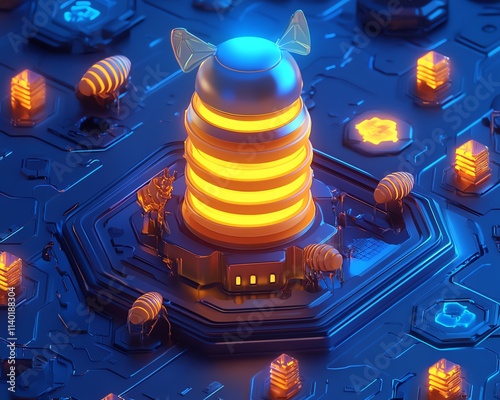 A whimsical isometric illustration of cyber thieves stuck in a digital honey pot trap, surrounded by glowing honey, futuristic cyber design, detailed rendering photo