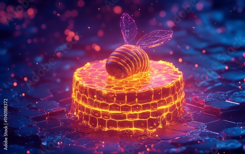 A whimsical isometric scene with cyber thieves trapped in sticky digital honey, honey pot trap glowing with neon honey, futuristic and playful, ultra HD quality photo