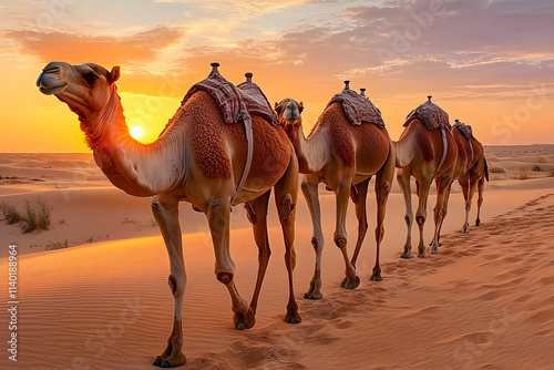 Dromedary camels walking in desert sand dunes at sunset photo