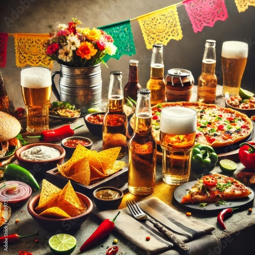 Party table with beer and Mexican food