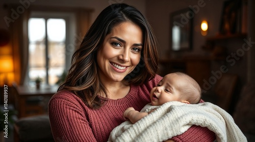 Mother with loving smile holding baby in cozy living room, showcasing maternal love and warmth