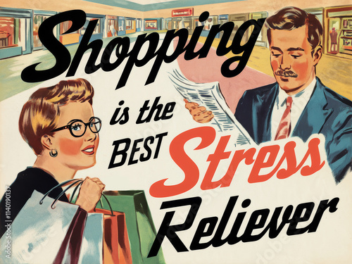 Retro shopping advertisement with stress reliever message in vintage style