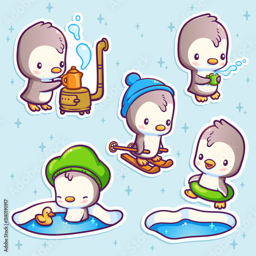 Set of cute stickers with penguin. Vector illustrations of funny cartoon character life. Morning coffee, bath, and other activities.