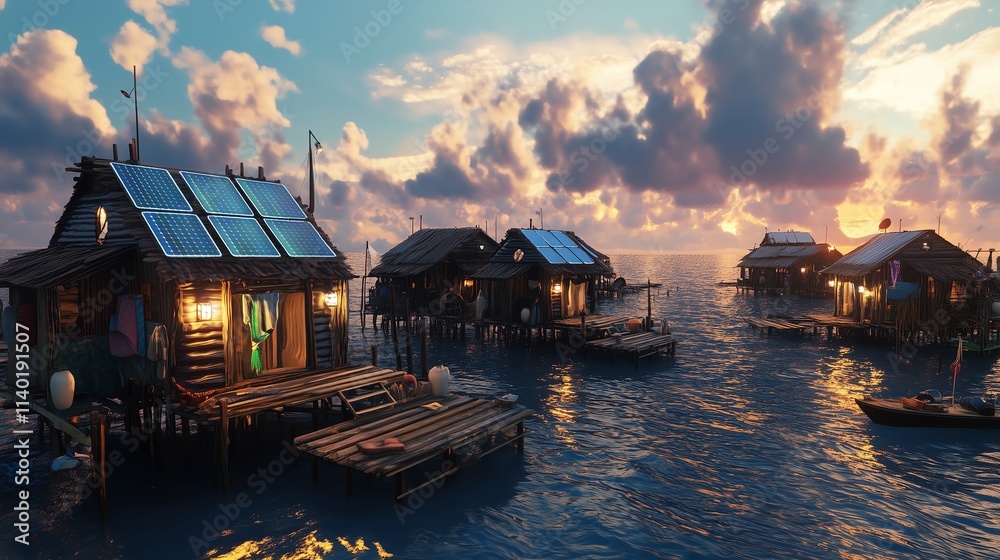 Obraz premium A fishing village by the sea, featuring simple wooden huts equipped with solar panels to power lights and small appliances