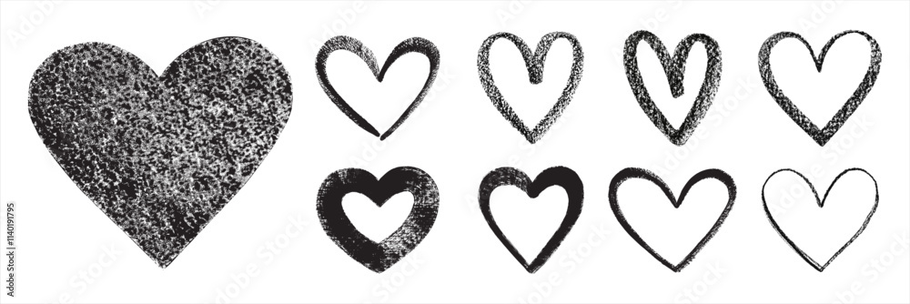 Hand drawn hearts collection. Artistic brush crayon pastel charcoal chalk drawn bold line linear heart shapes. Valentine's day artistic templates set. Rough, textured edge. Graphic design elements. Hand drawn hearts collection. Artistic brush crayon pastel charcoal chalk drawn bold line linear heart shapes. Valentine's day artistic templates set. Rough, textured edge. Graphic design elements.