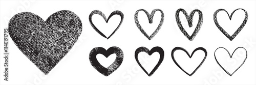 Hand drawn hearts collection. Artistic brush crayon pastel charcoal chalk drawn bold line linear heart shapes. Valentine's day artistic templates set. Rough, textured edge. Graphic design elements.
