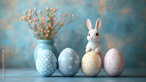 Minimalist Easter Day background . The scene features a soft pastel-colored with various Easter-related items such as decorated eggs, a small bunny figurine, and a few spring flowers