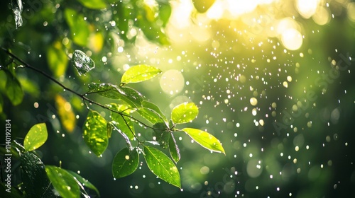 Sunlit Rainforest Leaves Glimmer After Refreshing Downpour