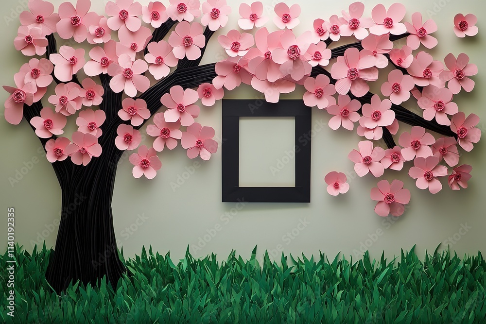 Fototapeta premium Pink Paper Flowers and Grass Border with Empty Frame