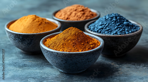 Bowls of colorful powdered spices arranged neatly. photo