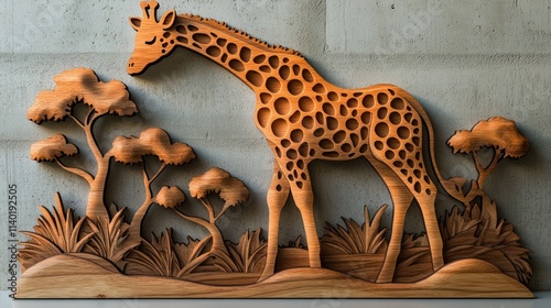 Wooden giraffe sculpture with savanna landscape. photo