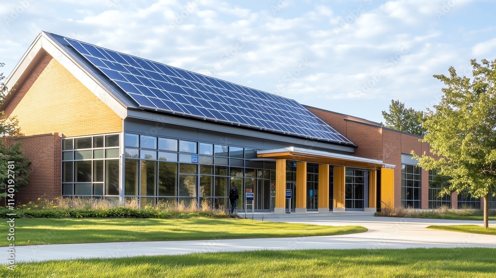 A school building with a solar energy monitoring system displayed at the entrance, students learning about renewable energy A school building with a solar energy monitoring system displayed at the entrance, students learning about renewable energy