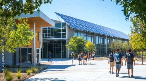 A school building with a solar energy monitoring system displayed at the entrance, students learning about renewable energy