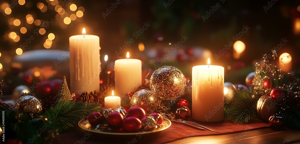 A festive table set with sparkling decorations and glowing candles A festive table set with sparkling decorations and glowing candles