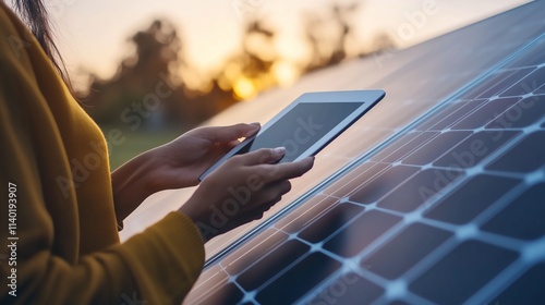 A tech-savvy homeowner using a tablet to control and monitor solar energy production in a smart, eco-friendly home